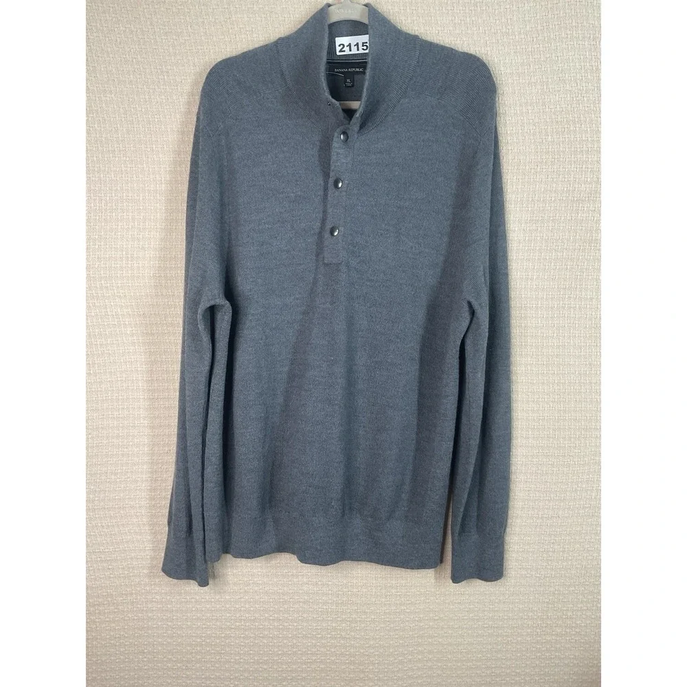 NWOT Banana Republic Sweater Mens XL Gray Wool Blend Henley Mock‎ Neck Grid Knit